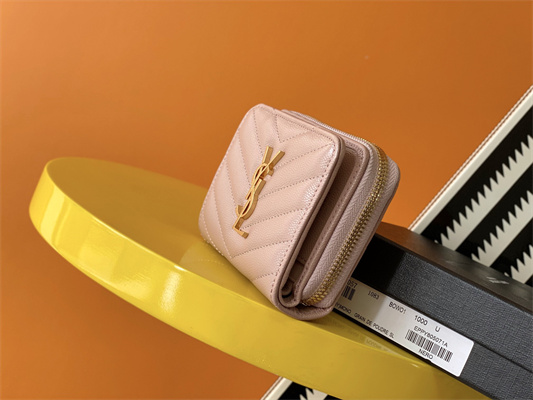 Y.S.L CASSANDRA MATELASS?? COMPACT ZIP AROUND WALLET IN GRAIN DE POUDRE EMBOSSED LEATHER Pink Color Gold Tone Metal