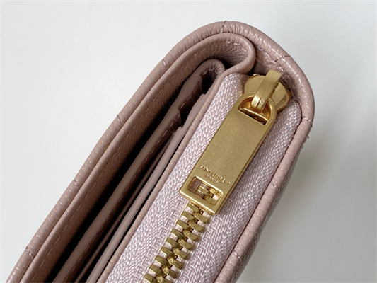 Y.S.L CASSANDRA MATELASS?? COMPACT ZIP AROUND WALLET IN GRAIN DE POUDRE EMBOSSED LEATHER Pink Color Gold Tone Metal