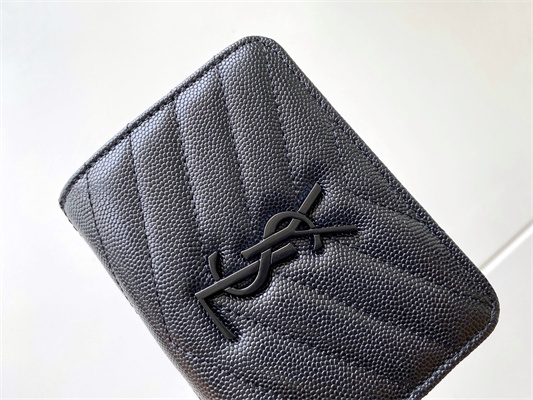 Y.S.L CASSANDRA MATELASS?? COMPACT ZIP AROUND WALLET IN GRAIN DE POUDRE EMBOSSED LEATHER Black Color Black Tone Metal