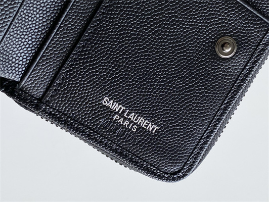 Y.S.L CASSANDRA MATELASS?? COMPACT ZIP AROUND WALLET IN GRAIN DE POUDRE EMBOSSED LEATHER Black Color Black Tone Metal