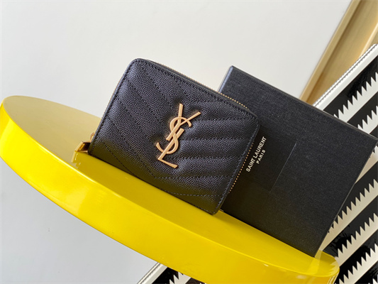 Y.S.L CASSANDRA MATELASS?? COMPACT ZIP AROUND WALLET IN GRAIN DE POUDRE EMBOSSED LEATHER Black Color Gold Tone Metal