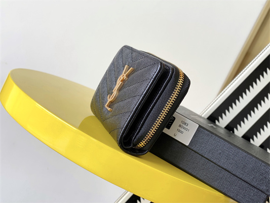 Y.S.L CASSANDRA MATELASS?? COMPACT ZIP AROUND WALLET IN GRAIN DE POUDRE EMBOSSED LEATHER Black Color Gold Tone Metal