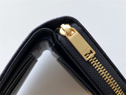 Y.S.L CASSANDRA MATELASS?? COMPACT ZIP AROUND WALLET IN GRAIN DE POUDRE EMBOSSED LEATHER Black Color Gold Tone Metal