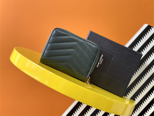 Y.S.L CASSANDRA MATELASS?? COMPACT ZIP AROUND WALLET IN GRAIN DE POUDRE EMBOSSED LEATHER Dk Green Color Gold Tone Metal