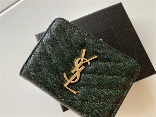 Y.S.L CASSANDRA MATELASS?? COMPACT ZIP AROUND WALLET IN GRAIN DE POUDRE EMBOSSED LEATHER Dk Green Color Gold Tone Metal