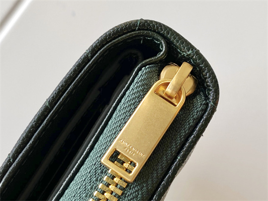 Y.S.L CASSANDRA MATELASS?? COMPACT ZIP AROUND WALLET IN GRAIN DE POUDRE EMBOSSED LEATHER Dk Green Color Gold Tone Metal