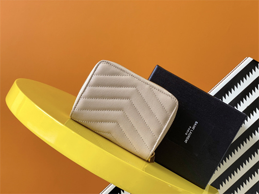 Y.S.L CASSANDRA MATELASS?? COMPACT ZIP AROUND WALLET IN GRAIN DE POUDRE EMBOSSED LEATHER Beige Color Gold Tone Metal