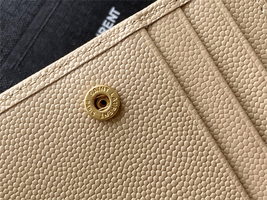 Y.S.L CASSANDRA MATELASS?? COMPACT ZIP AROUND WALLET IN GRAIN DE POUDRE EMBOSSED LEATHER Beige Color Gold Tone Metal