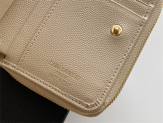 Y.S.L CASSANDRA MATELASS?? COMPACT ZIP AROUND WALLET IN GRAIN DE POUDRE EMBOSSED LEATHER Beige Color Gold Tone Metal