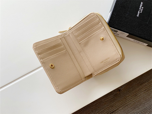 Y.S.L CASSANDRA MATELASS?? COMPACT ZIP AROUND WALLET IN GRAIN DE POUDRE EMBOSSED LEATHER Beige Color Gold Tone Metal