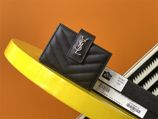 Y.S.L MONOGRAM BUSINESS CARD CASE IN GRAIN DE POUDRE EMBOSSED LEATHER Black Color Silver Tone Metal