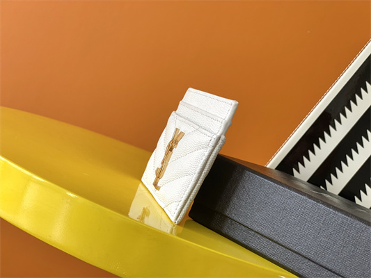 Y.S.L MONOGRAM MATELASS?? CARD CASE IN GRAIN DE POUDRE EMBOSSED LEATHER White Color Gold Tone Metal