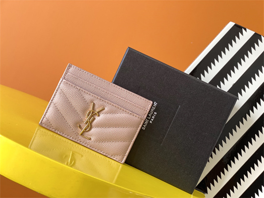 Y.S.L MONOGRAM MATELASS?? CARD CASE IN GRAIN DE POUDRE EMBOSSED LEATHER Pink Color Gold Tone Metal