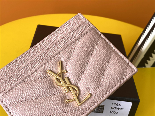 Y.S.L MONOGRAM MATELASS?? CARD CASE IN GRAIN DE POUDRE EMBOSSED LEATHER Pink Color Gold Tone Metal