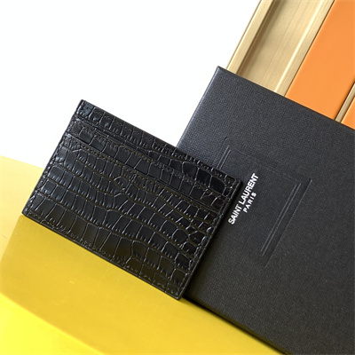 Y.S.L MONOGRAM MATELASS?? CARD CASE IN CROCODILE EMBOSSED LEATHER Black Color Gold Tone Metal