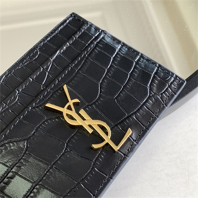 Y.S.L MONOGRAM MATELASS?? CARD CASE IN CROCODILE EMBOSSED LEATHER Black Color Gold Tone Metal