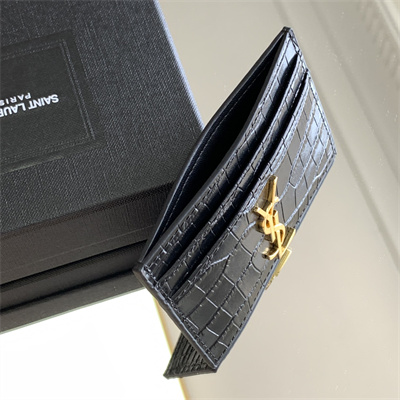 Y.S.L MONOGRAM MATELASS?? CARD CASE IN CROCODILE EMBOSSED LEATHER Black Color Gold Tone Metal