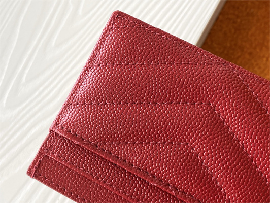 Y.S.L MONOGRAM MATELASS?? CARD CASE IN GRAIN DE POUDRE EMBOSSED LEATHER Red Color Gold Tone Metal