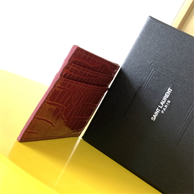 Y.S.L MONOGRAM MATELASS?? CARD CASE IN CROCODILE EMBOSSED LEATHER Red Color Gold Tone Metal