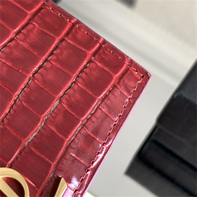Y.S.L MONOGRAM MATELASS?? CARD CASE IN CROCODILE EMBOSSED LEATHER Red Color Gold Tone Metal