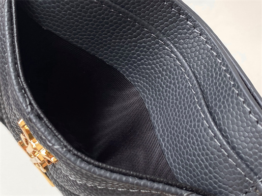 Y.S.L MONOGRAM MATELASS?? CARD CASE IN GRAIN DE POUDRE EMBOSSED LEATHER Grey Color Gold Tone Metal