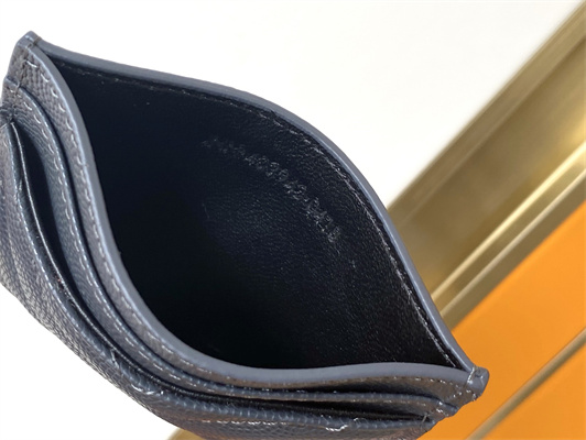 Y.S.L MONOGRAM MATELASS?? CARD CASE IN GRAIN DE POUDRE EMBOSSED LEATHER Grey Color Gold Tone Metal