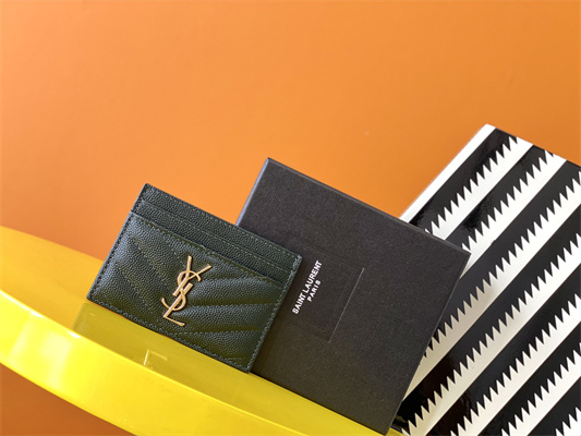 Y.S.L MONOGRAM MATELASS?? CARD CASE IN GRAIN DE POUDRE EMBOSSED LEATHER Dk Green Color Gold Tone Metal