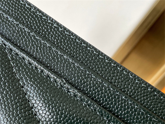 Y.S.L MONOGRAM MATELASS?? CARD CASE IN GRAIN DE POUDRE EMBOSSED LEATHER Dk Green Color Gold Tone Metal