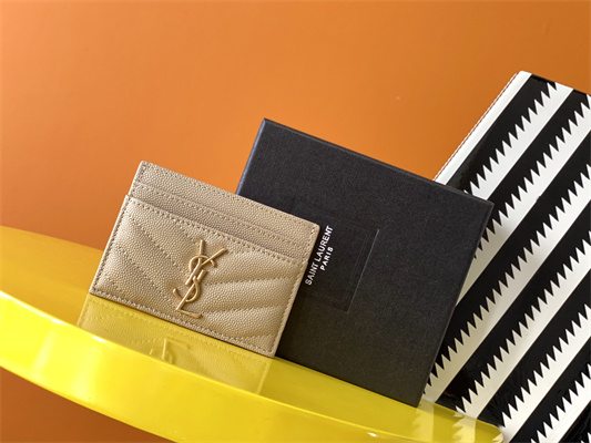 Y.S.L MONOGRAM MATELASS?? CARD CASE IN GRAIN DE POUDRE EMBOSSED LEATHER Beige Color Gold Tone Metal