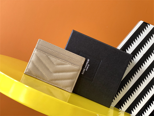 Y.S.L MONOGRAM MATELASS?? CARD CASE IN GRAIN DE POUDRE EMBOSSED LEATHER Beige Color Gold Tone Metal