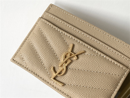 Y.S.L MONOGRAM MATELASS?? CARD CASE IN GRAIN DE POUDRE EMBOSSED LEATHER Beige Color Gold Tone Metal