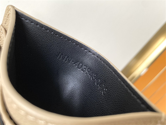 Y.S.L MONOGRAM MATELASS?? CARD CASE IN GRAIN DE POUDRE EMBOSSED LEATHER Beige Color Gold Tone Metal