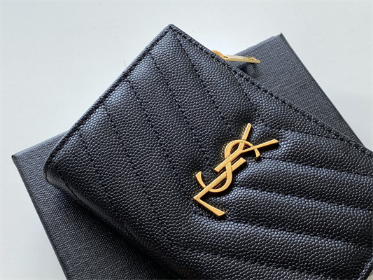 Y.S.L CASSANDRA MATELASS?? ZIP WALLET IN GRAIN DE POUDRE EMBOSSED LEATHER Black Color Gold Tone Metal