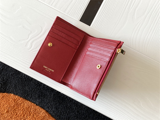 Y.S.L CASSANDRA MATELASS?? ZIP WALLET IN GRAIN DE POUDRE EMBOSSED LEATHER Red Color Gold Tone Metal