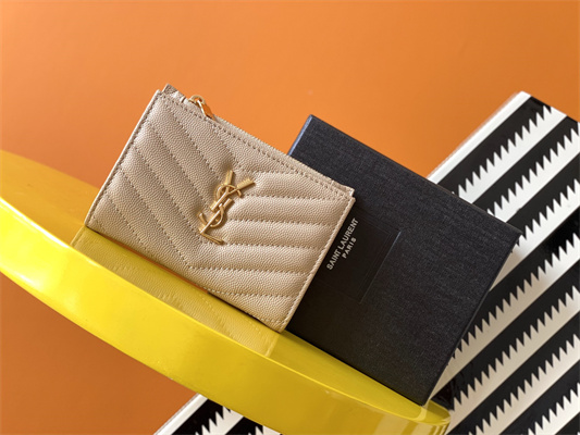 Y.S.L CASSANDRA MATELASS?? ZIP WALLET IN GRAIN DE POUDRE EMBOSSED LEATHER Beige Color Gold Tone Metal