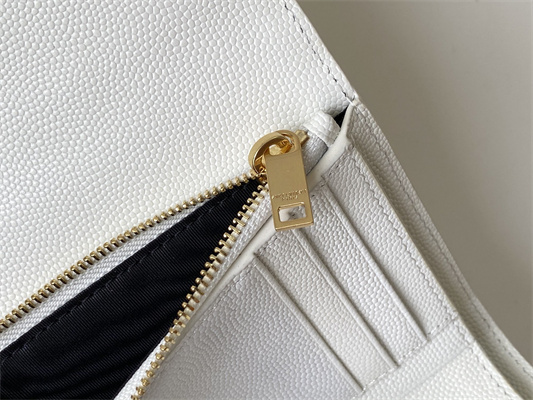Y.S.L CASSANDRA MATELASS?? COMPACT TRI FOLD WALLET IN GRAIN DE POUDRE EMBOSSED LEATHER White Color Gold Tone Metal