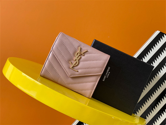 Y.S.L CASSANDRA MATELASS?? COMPACT TRI FOLD WALLET IN GRAIN DE POUDRE EMBOSSED LEATHER Pink Color Gold Tone Metal