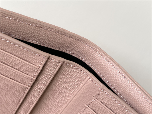 Y.S.L CASSANDRA MATELASS?? COMPACT TRI FOLD WALLET IN GRAIN DE POUDRE EMBOSSED LEATHER Pink Color Gold Tone Metal