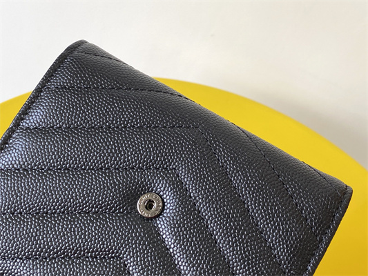 Y.S.L CASSANDRA MATELASS?? COMPACT TRI FOLD WALLET IN GRAIN DE POUDRE EMBOSSED LEATHER Black Color Black Tone Metal