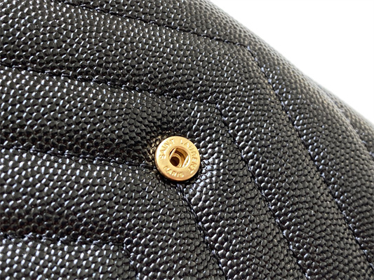 Y.S.L CASSANDRA MATELASS?? COMPACT TRI FOLD WALLET IN GRAIN DE POUDRE EMBOSSED LEATHER Black Color Gold Tone Metal