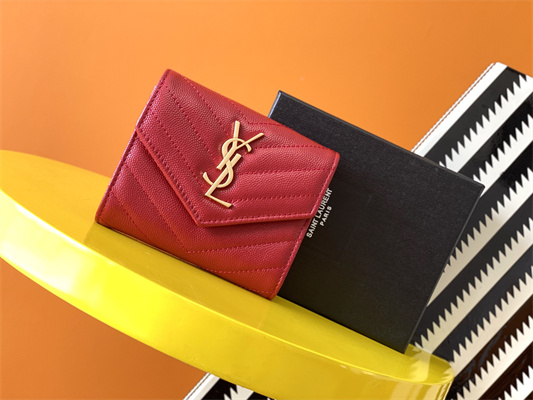 Y.S.L CASSANDRA MATELASS?? COMPACT TRI FOLD WALLET IN GRAIN DE POUDRE EMBOSSED LEATHER Red Color Gold Tone Metal