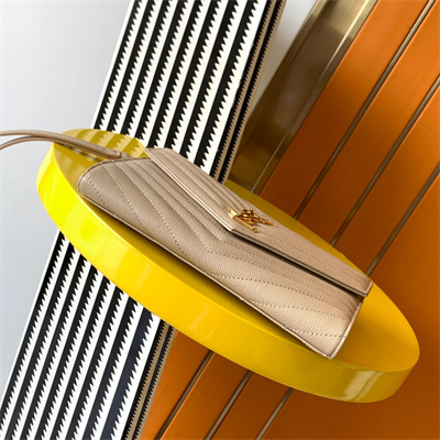 Y.S.L CASSANDRA MATELASS?? FLAP POUCH IN GRAIN DE POUDRE EMBOSSED LEATHER Beige Color Gold Tone Metal