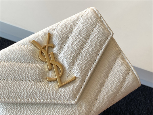 Y.S.L CASSANDRA MATELASS?? SMALLENVELOPE WALLET IN GRAIN DE POUDRE EMBOSSED LEATHER White Color Gold Tone Metal