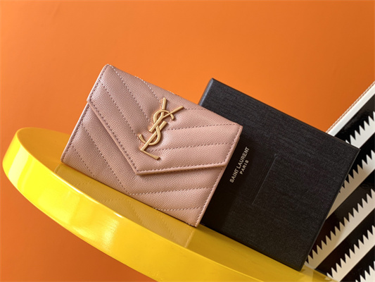 Y.S.L CASSANDRA MATELASS?? SMALL ENVELOPE WALLET IN GRAIN DE POUDRE EMBOSSED LEATHER Pink Color Gold Tone Metal