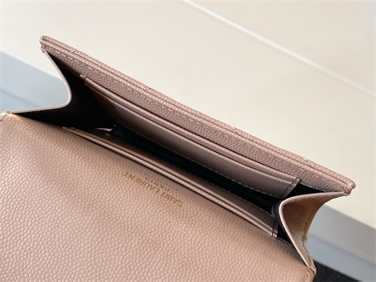 Y.S.L CASSANDRA MATELASS?? SMALL ENVELOPE WALLET IN GRAIN DE POUDRE EMBOSSED LEATHER Pink Color Gold Tone Metal