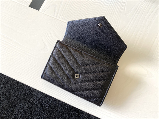 Y.S.L CASSANDRA MATELASS?? SMALL ENVELOPE WALLET IN GRAIN DE POUDRE EMBOSSED LEATHER Black Color Black Tone Metal