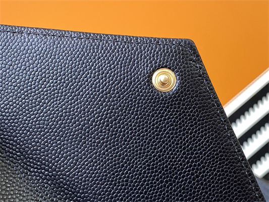 Y.S.L CASSANDRA MATELASS?? SMALL ENVELOPE WALLET IN GRAIN DE POUDRE EMBOSSED LEATHER Black Color Gold Tone Metal