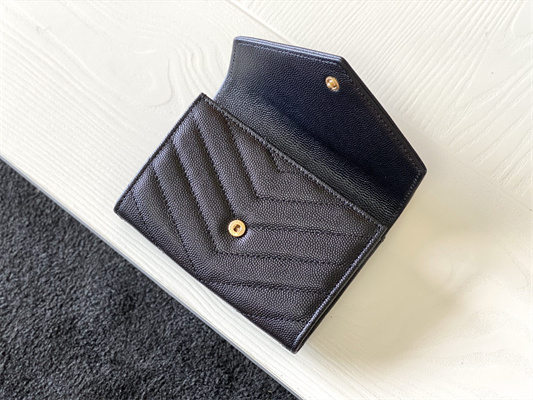 Y.S.L CASSANDRA MATELASS?? SMALL ENVELOPE WALLET IN GRAIN DE POUDRE EMBOSSED LEATHER Black Color Gold Tone Metal