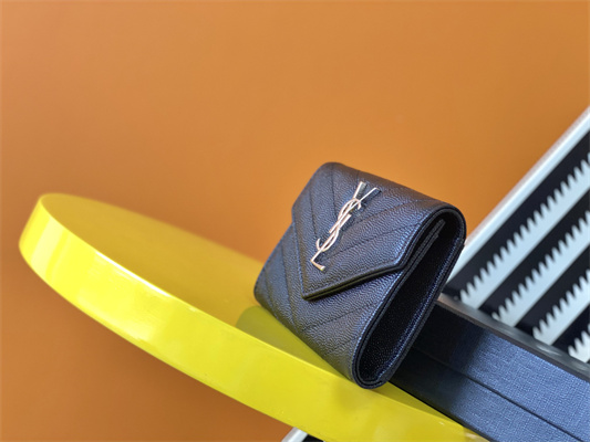 Y.S.L CASSANDRA MATELASS?? SMALL ENVELOPE WALLET IN GRAIN DE POUDRE EMBOSSED LEATHER Black Color Silver Tone Metal