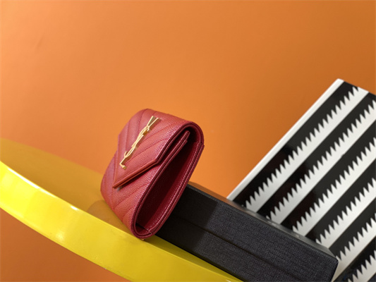 Y.S.L CASSANDRA MATELASS?? SMALL ENVELOPE WALLET IN GRAIN DE POUDRE EMBOSSED LEATHER Red Color Gold Tone Metal